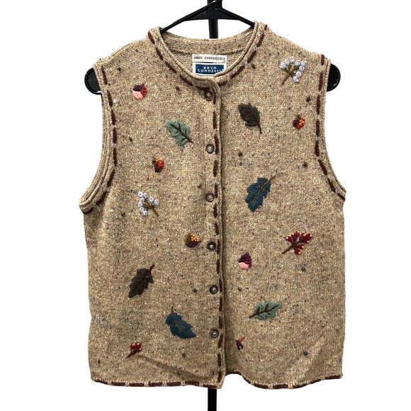 Hand Embroidered Bryn Connelly Vest Wool Blend Button Front Leaf Pattern Sz M - Picture 1 of 8